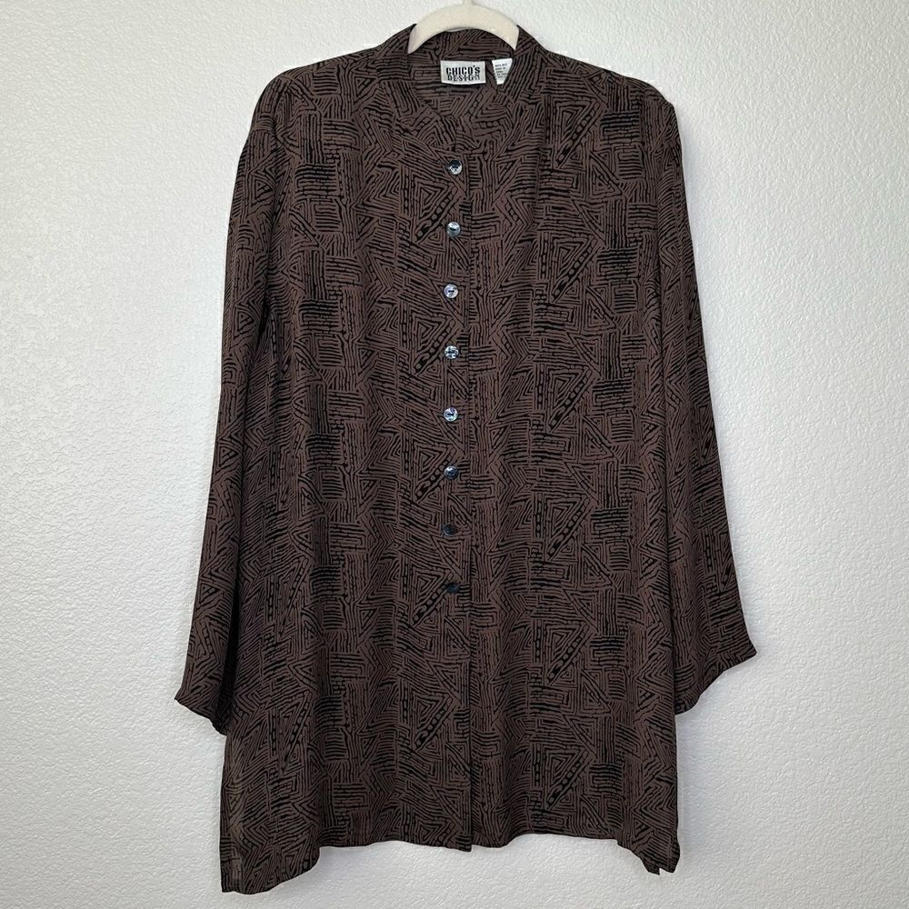 Chico’s Design 100% Silk Tribal Print Button Front Long Sleeves Shirt